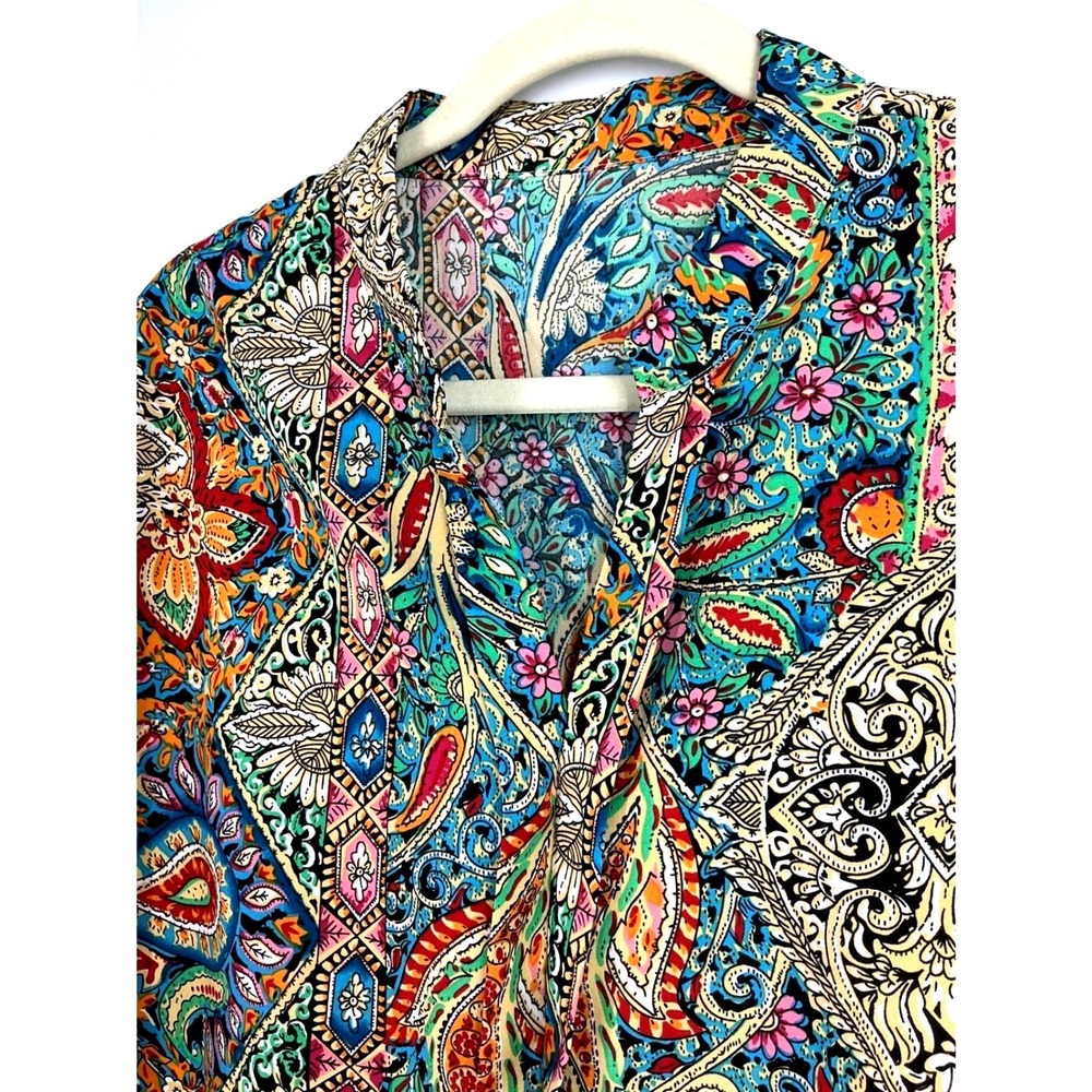 Multicolor Paisley Notch Collar Short Sleeve Blouse Boho Festival Maximalist XL - Picture 9 of 11